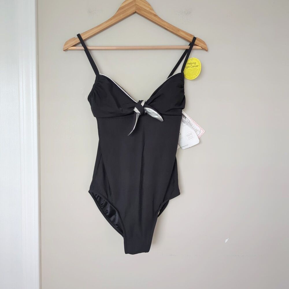 It Figures NWT Black Silver One Piece Tie Front Swimsuit Size 8 Tummy Control